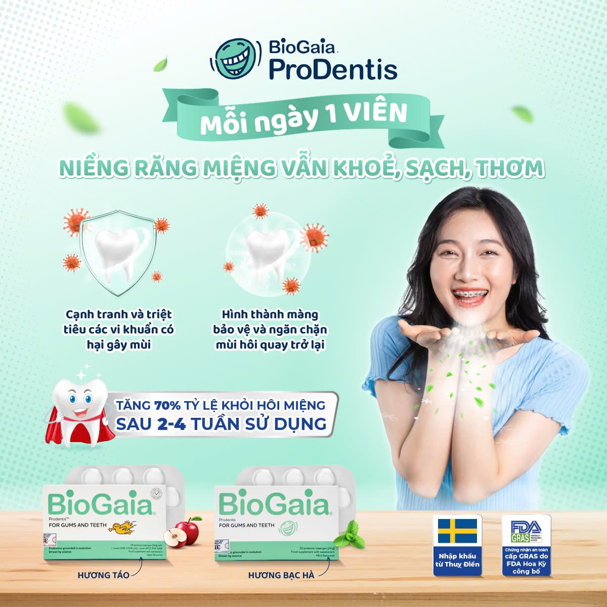 Sử dụng 1 viên BioGaia Prodentis mỗi ngày giúp miệng sạch thơm khi niềng răng Sử dụng 1 viên BioGaia Prodentis mỗi ngày giúp miệng sạch thơm khi niềng răng
