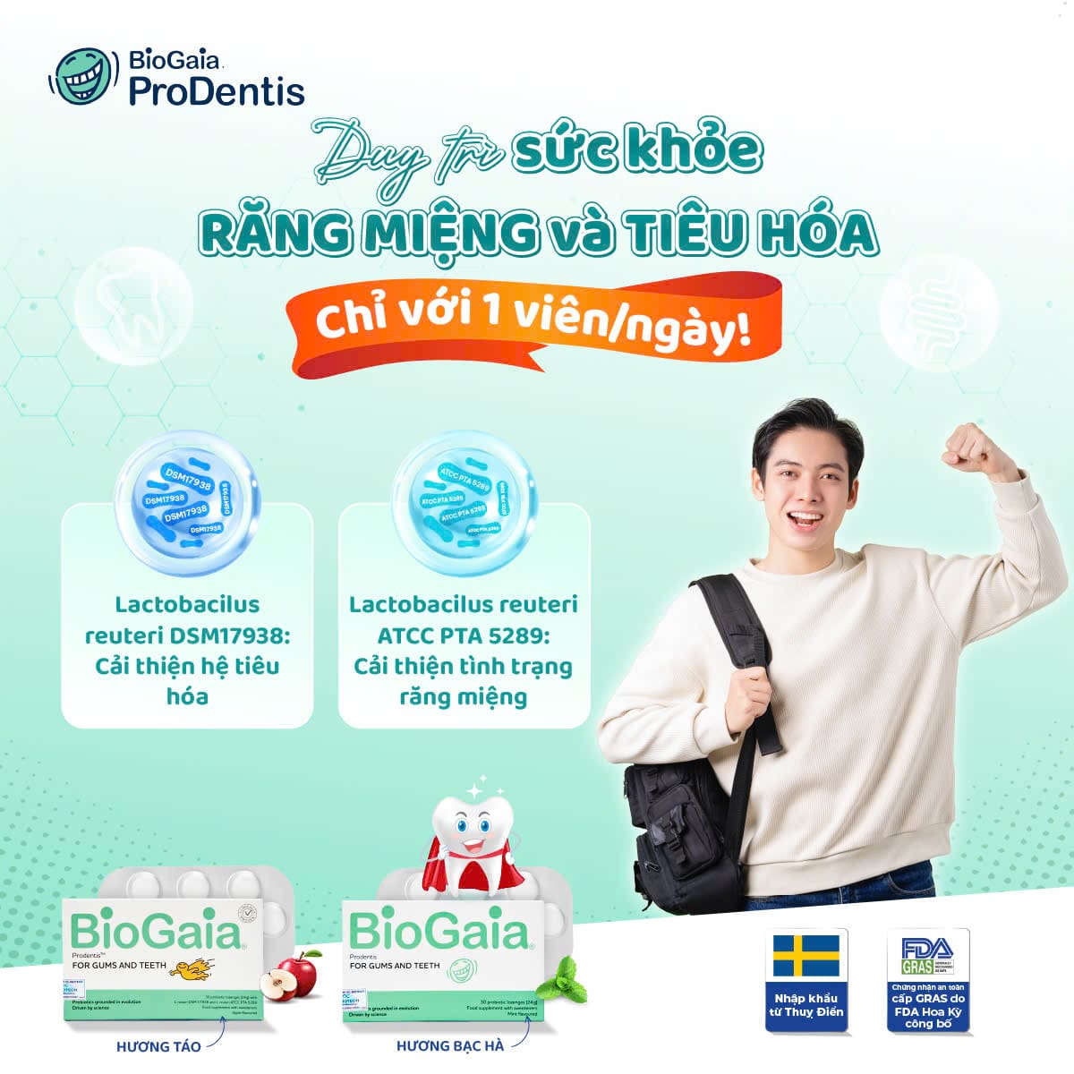 Chăm sóc sức khoẻ răng miệng và tiêu hoá toàn diện với men vi sinh nha khoa BioGaia Prodentis Chăm sóc sức khoẻ răng miệng và tiêu hoá toàn diện với men vi sinh nha khoa BioGaia Prodentis