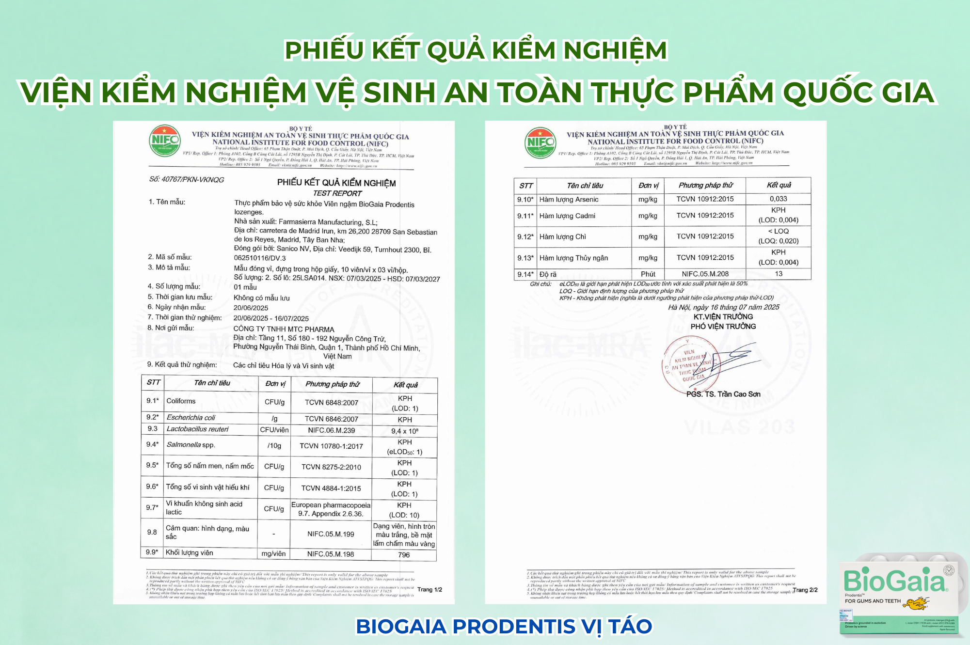 Phiếu kết quả kiểm nghiệm của Việt Kiểm nghiệm vệ sinh an toàn thực phẩm quốc gia với BioGaia vị táo Phiếu kết quả kiểm nghiệm của Việt Kiểm nghiệm vệ sinh an toàn thực phẩm quốc gia với BioGaia vị táo
