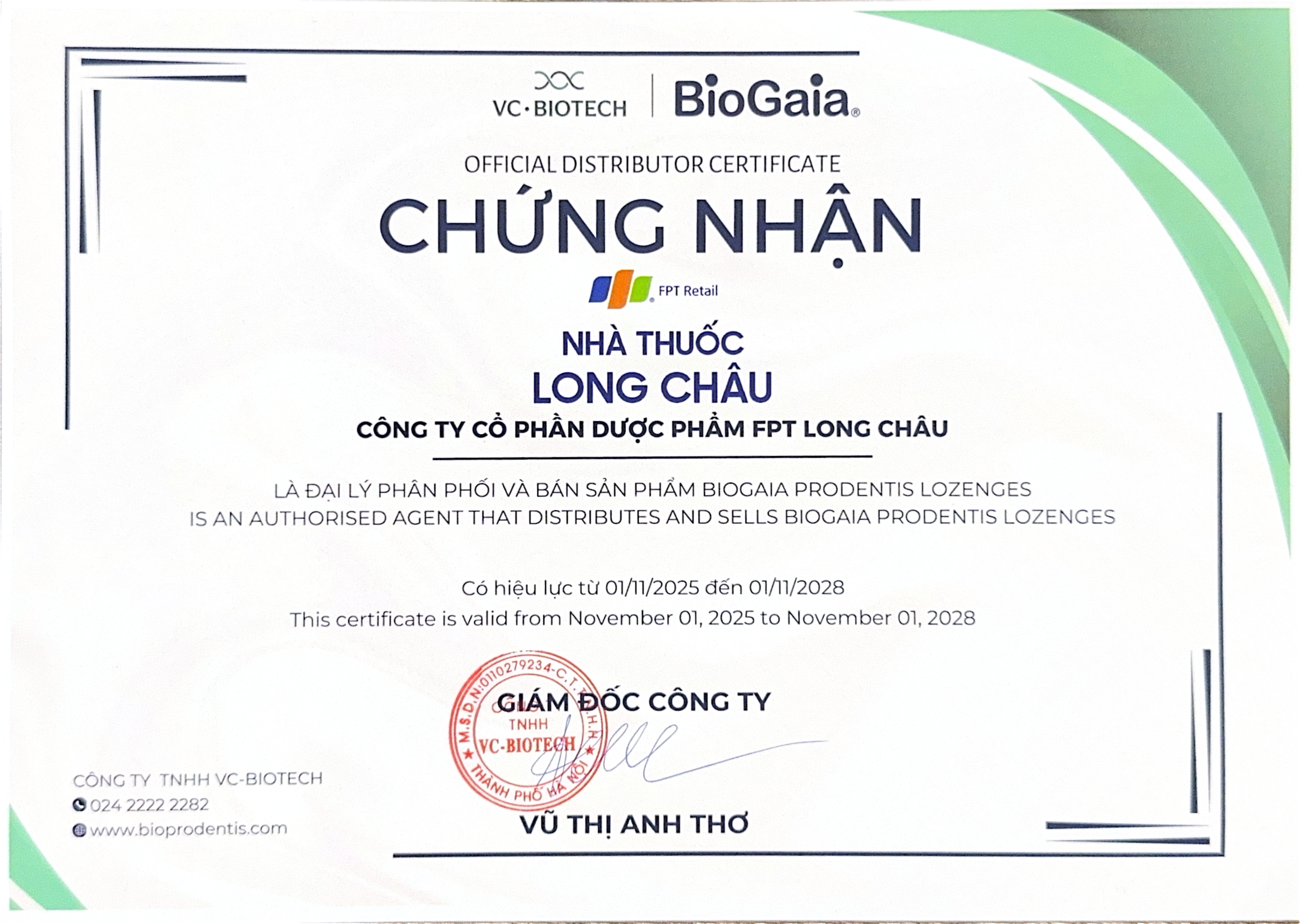 Giấy chứng nhận Công ty cổ phần Dược phẩm FPT Long Châu là đại lý phân phối và bán sản phẩm BioGaia Prodentis – Giải pháp chăm sóc sức khoẻ răng miệng và tiêu hoá toàn diện Giấy chứng nhận Công ty cổ phần Dược phẩm FPT Long Châu là đại lý phân phối và bán sản phẩm BioGaia Prodentis – Giải pháp chăm sóc sức khoẻ răng miệng và tiêu hoá toàn diện
