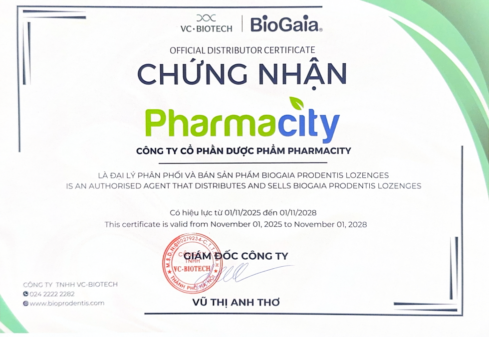 Giấy chứng nhận Công ty cổ phần Dược phẩm Pharmacity là đại lý phân phối và bán sản phẩm BioGaia Prodentis – Giải pháp chăm sóc sức khoẻ răng miệng và tiêu hoá toàn diện Giấy chứng nhận Công ty cổ phần Dược phẩm Pharmacity là đại lý phân phối và bán sản phẩm BioGaia Prodentis – Giải pháp chăm sóc sức khoẻ răng miệng và tiêu hoá toàn diện