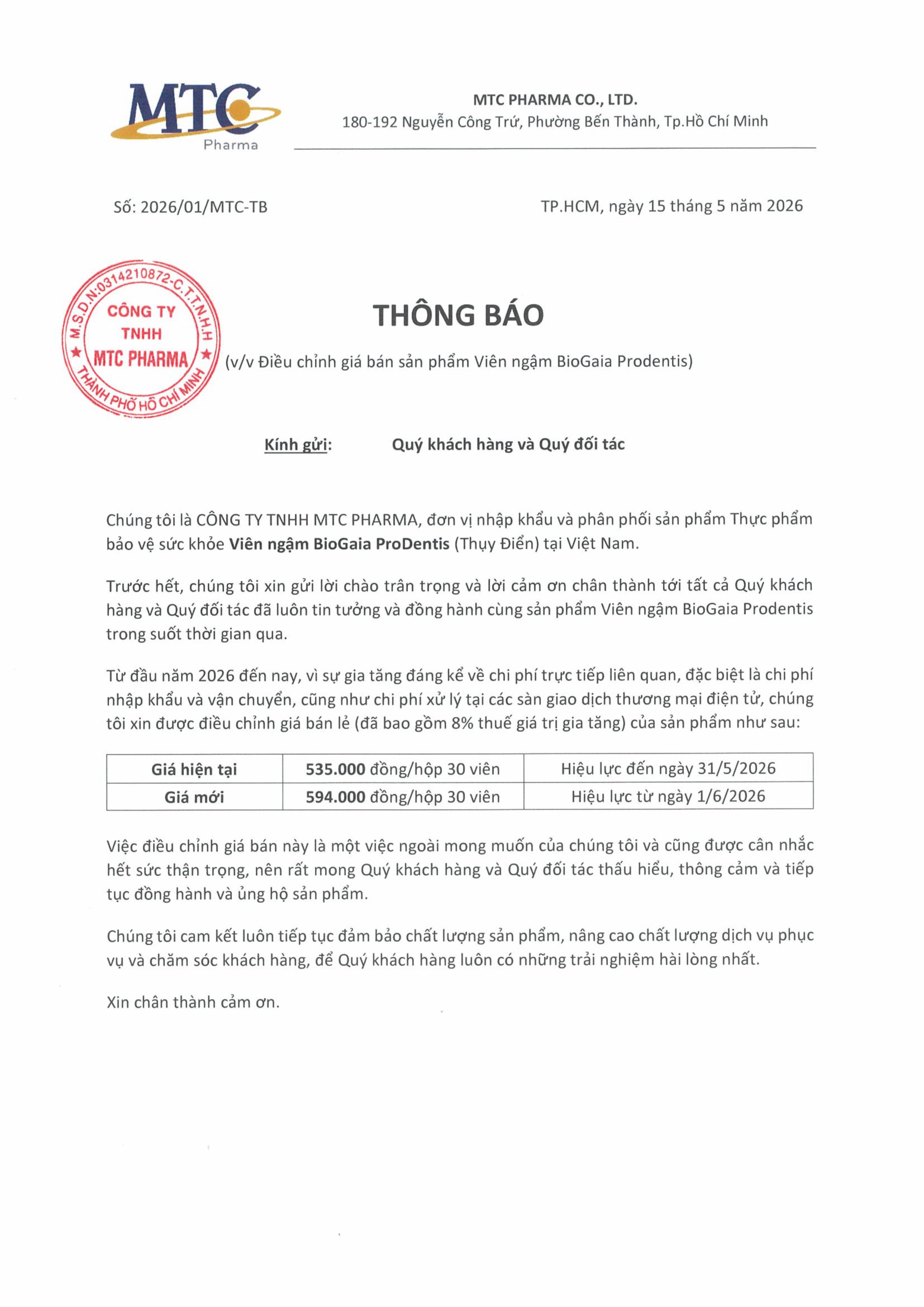 Thông báo điều chỉnh giá bán lẻ BioGaia Prodentis
